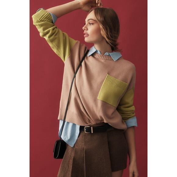 Anthropologie x Dolan Colorblock Lime Crewneck Sweater Phoebe Buffay Boho Small - Picture 1 of 8